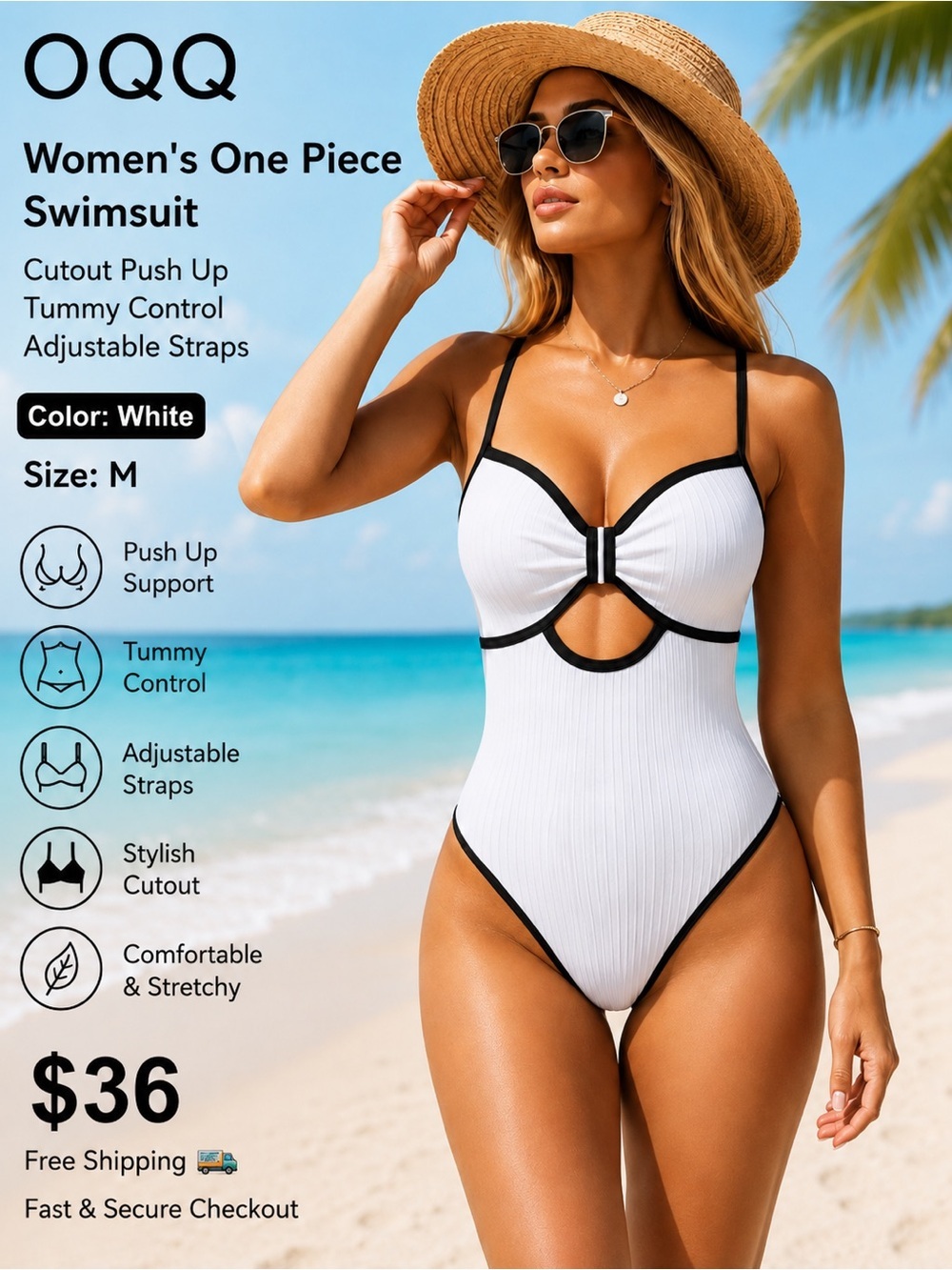 NWT OQQ White Cutout One Piece Swimsuit Push Up Tummy Control Size M